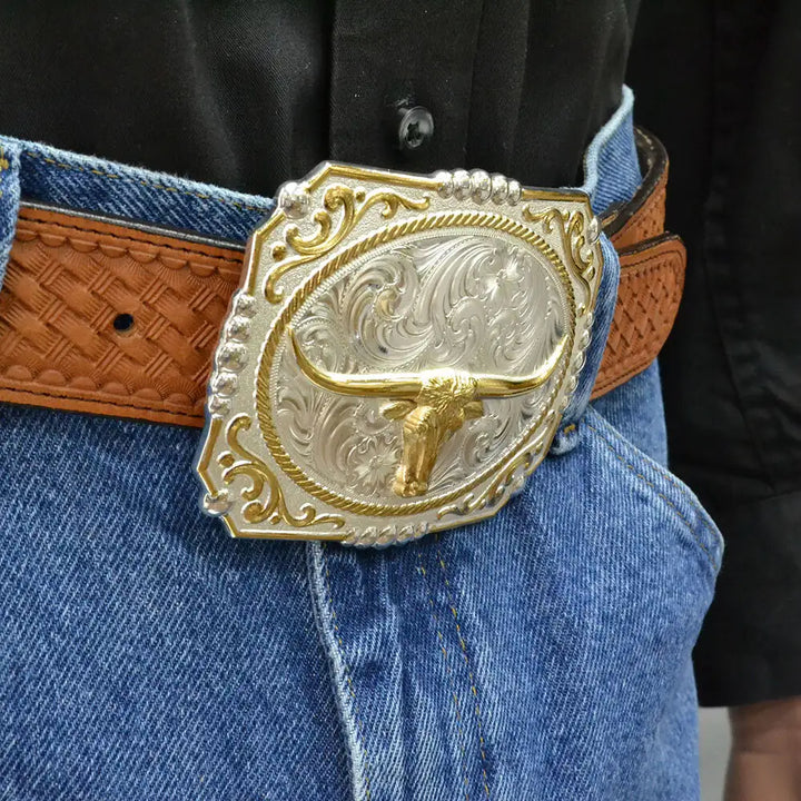 Montana Silversmiths Two-Tone Cowboy Cameo Buckle with Longhorn