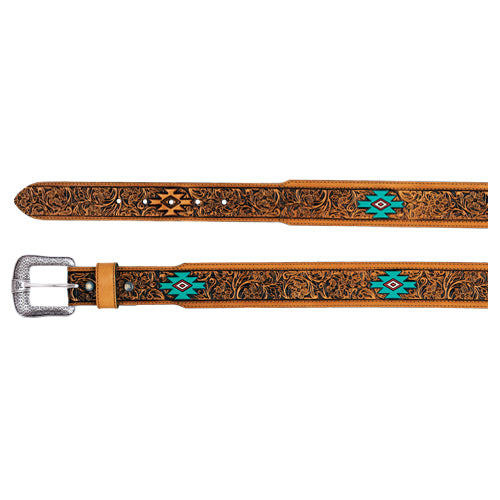 Red Dirt Men's Leather Belt with Floral Tooling and Turquoise Aztec Design- Tan
