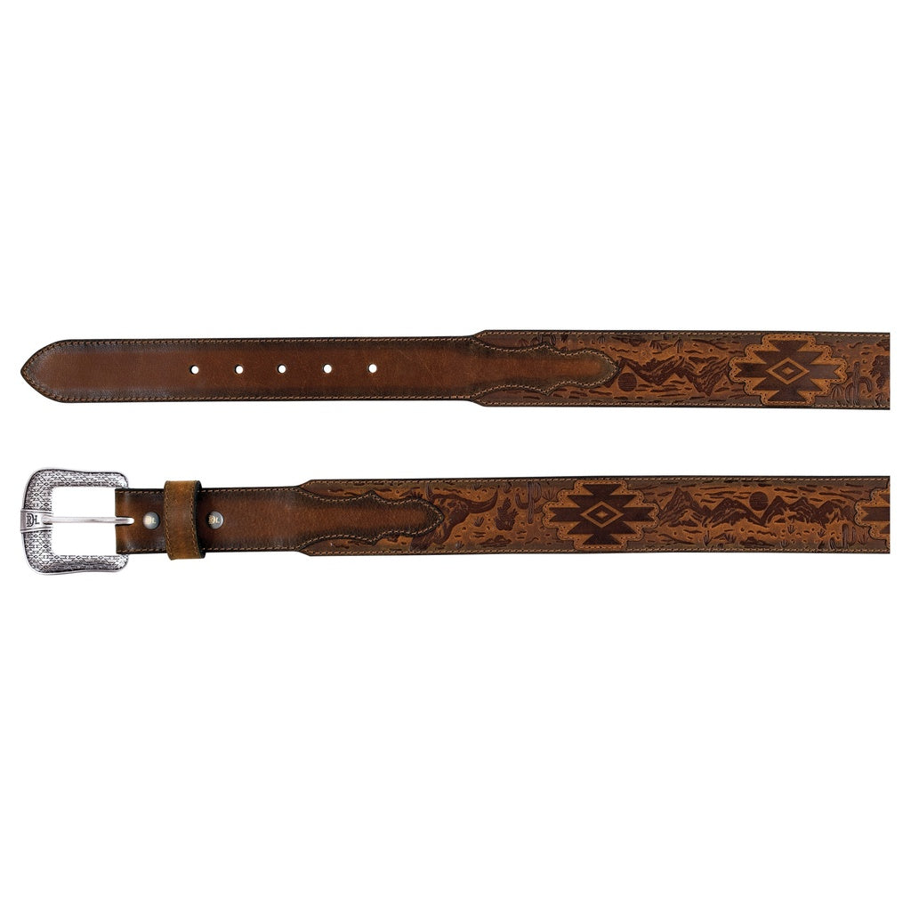 Red Dirt Men's Leather Belt with Desert Scene with Aztec Design- Brown