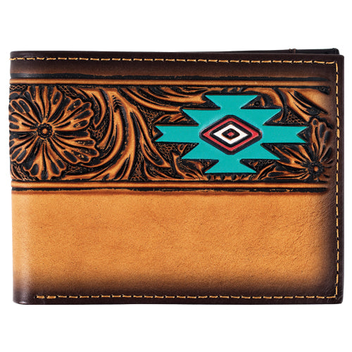 Red Dirt Bifold Floral Tooling Wallet with Aztec Design- Brown