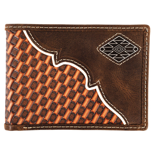 Red Dirt Bifold Wallet with Basketweave with Yoke and Concho- Brown