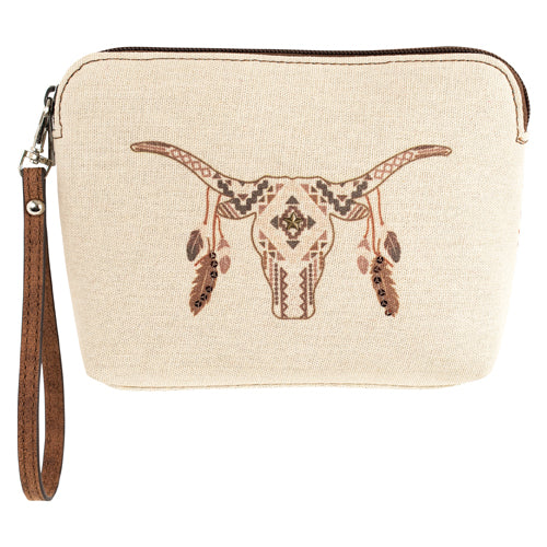 Catchfly Canvas Cow Skull with Feathers Cosmetic Pouch