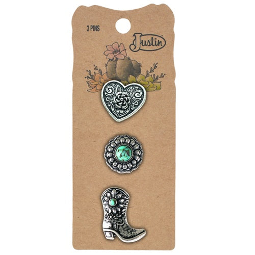 Jusin Hat Pin 3 Pack Boot w/Turquoise Coloured Stone