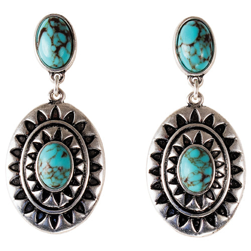 Justin Women's Oval Concho w/Geometric Design & Turquoise Coloured Stone Earrings