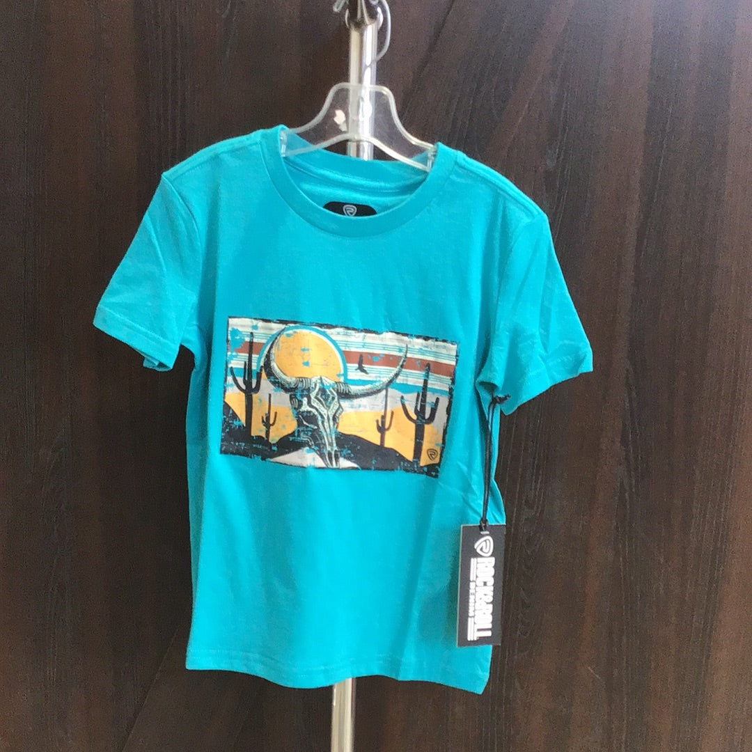 Rock & Roll Denim Boy's Skull & Desert Sun Graphic T-Shirt - Turquoise