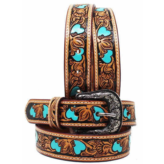 Girl's 1-1/4" Wide Western Rodeo Fashion Two-Tone Floral Hearts Tooled Leather Belt - Turquoise Hearts