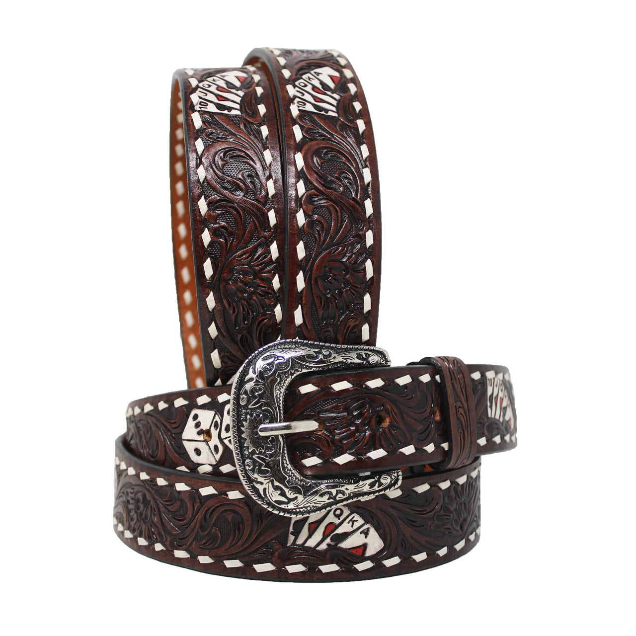 Unisex Western 1-1/2" Poker Aces Leather Belt - Dark Brown