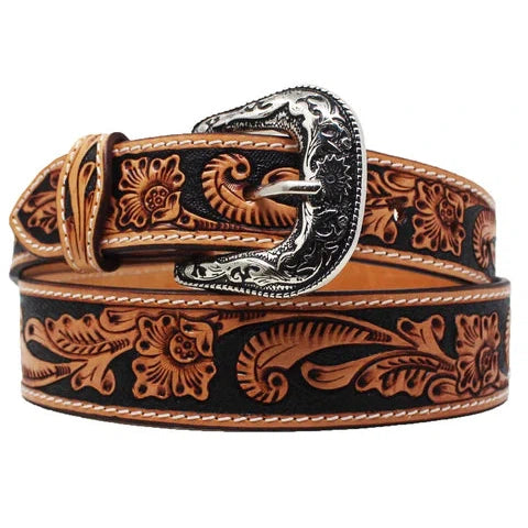 Unisex Western 1-3/4" Tapered Wide Floral Tooled Black Inlay Full-Grain Leather Belt - Tan/Black