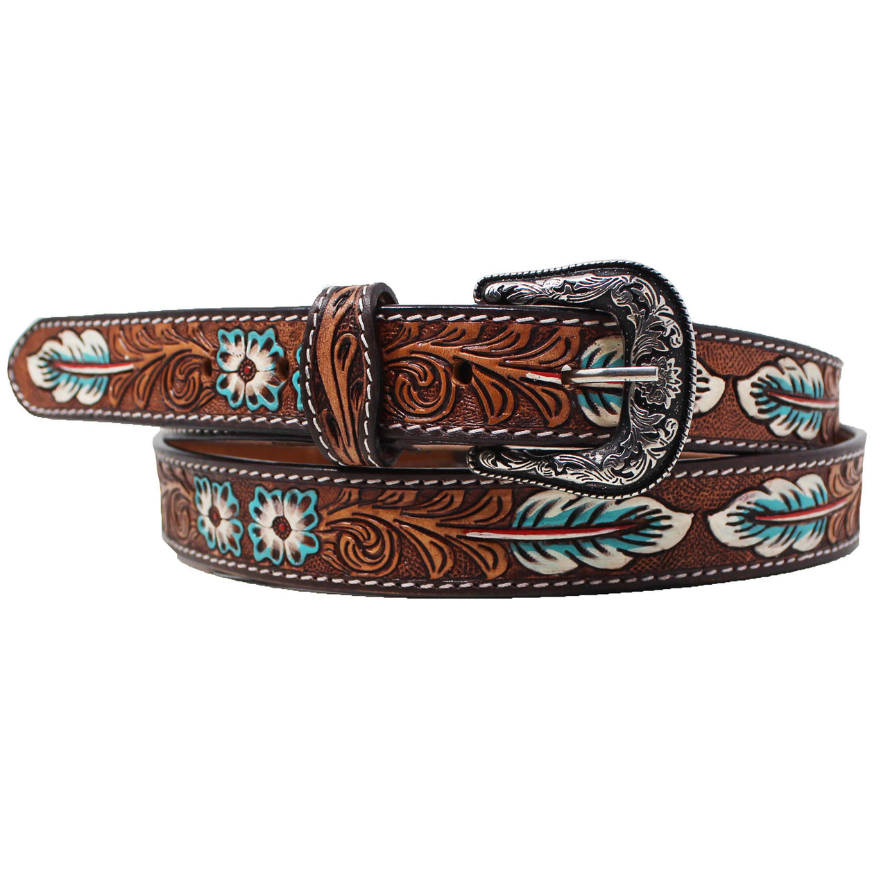 Unisex Youth Western 1-1/4' Floral Tooled Full Grain Leather Belt - Turquoise Feather Accents