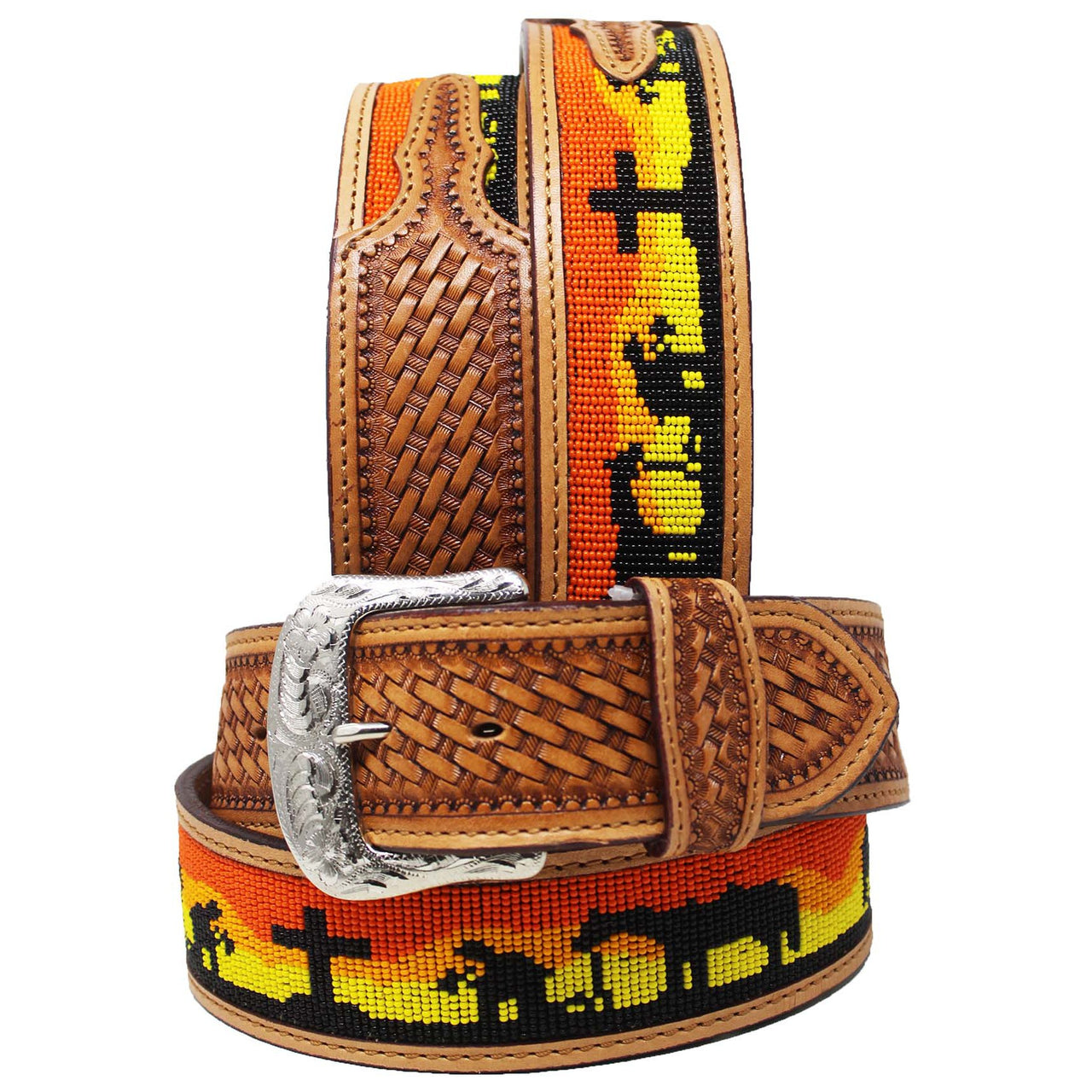 Unisex Western 2" Wide Basket Tooled Praying Cowboy Beaded Leather Belt - Orange/Yellow Beads