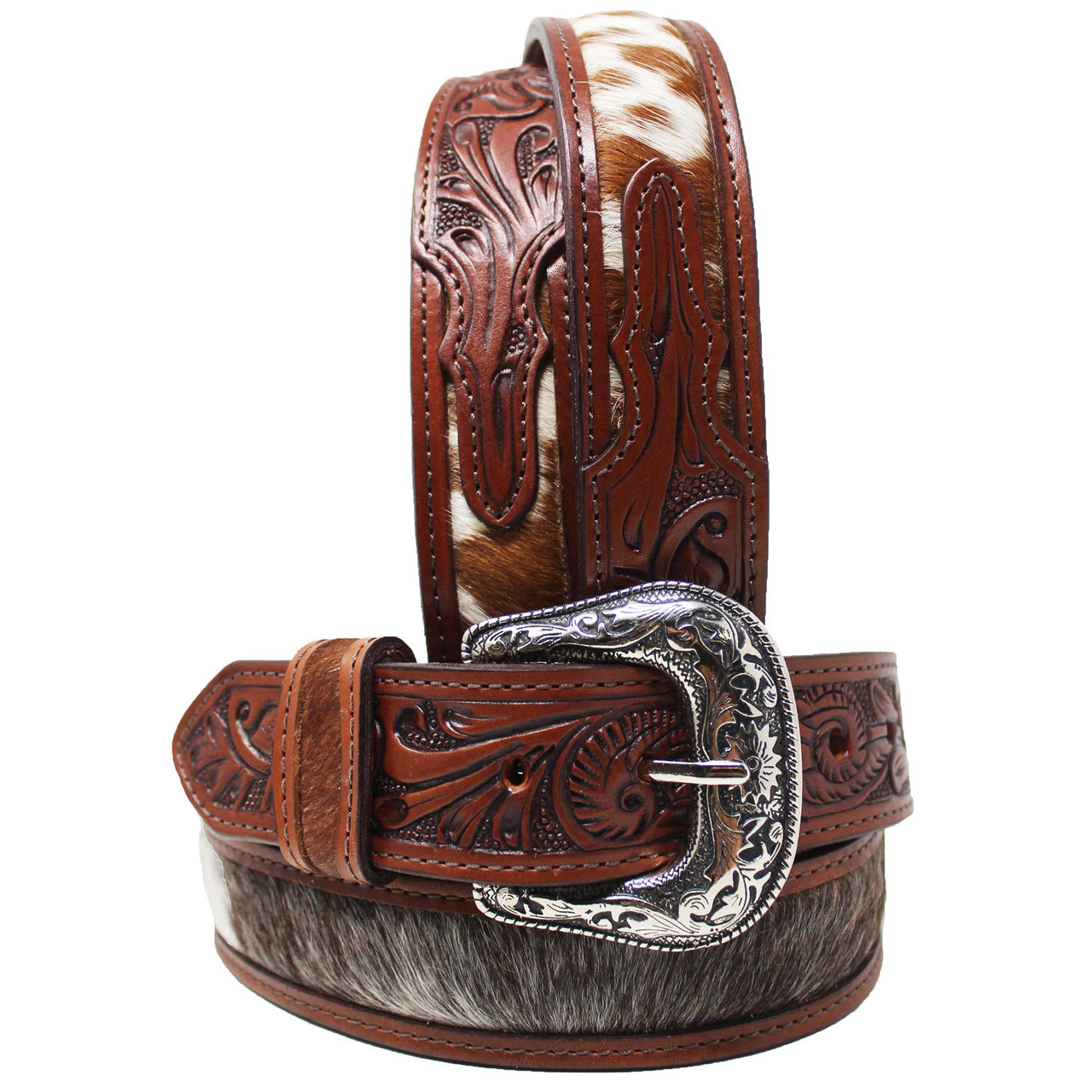 Unisex Western 1-1/2" Wide Floral Tooled Full-Grain Brown Leather Belt - Brown Hair On Floral