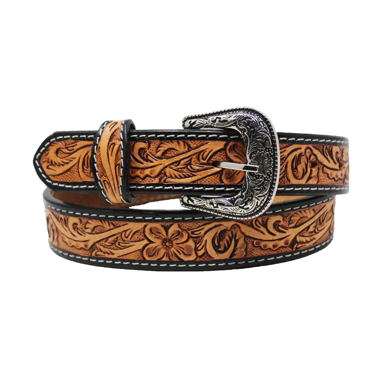 Unisex Youth Western 1-1/4" Floral Full-Grain Leather Belt - Floral Antique