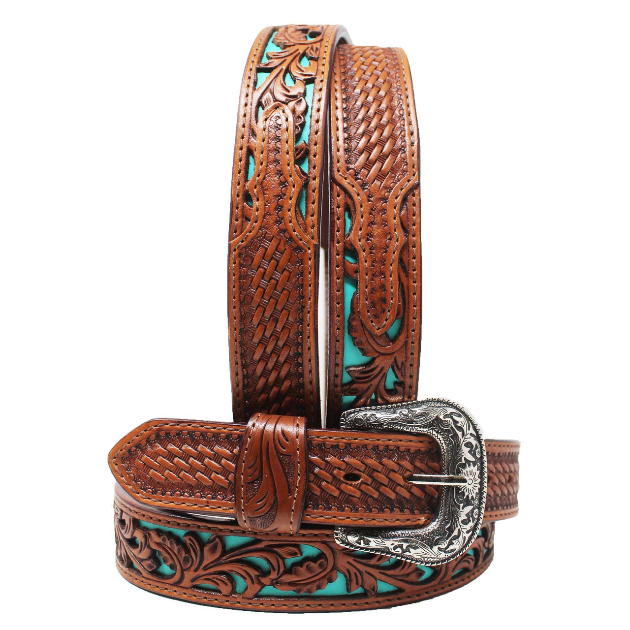 Unisex Youth Western 1-1/4" Floral Turquoise Filigree Leather Belt - Brown