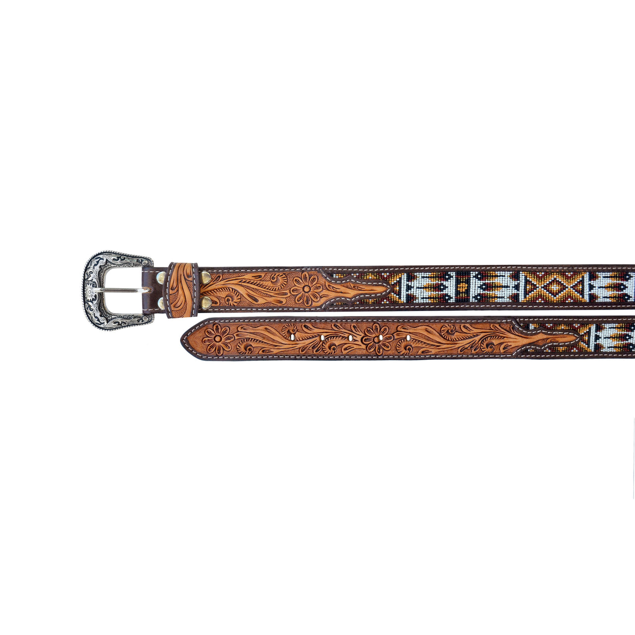 Unisex Western Western 1-1/2" Wide Floral Tooled Beaded Full-Grain Leather Belt - Brown Bead Fish