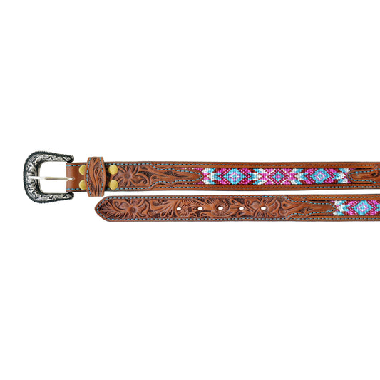 Unisex Youth Western 1-1/4" Beaded Floral Tooled Full-Grain Leather Belt - Pink Bead Aztec Brown