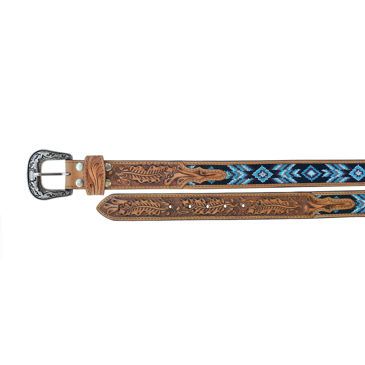 Unisex Western Beaded Leather Belt - Blue Beads