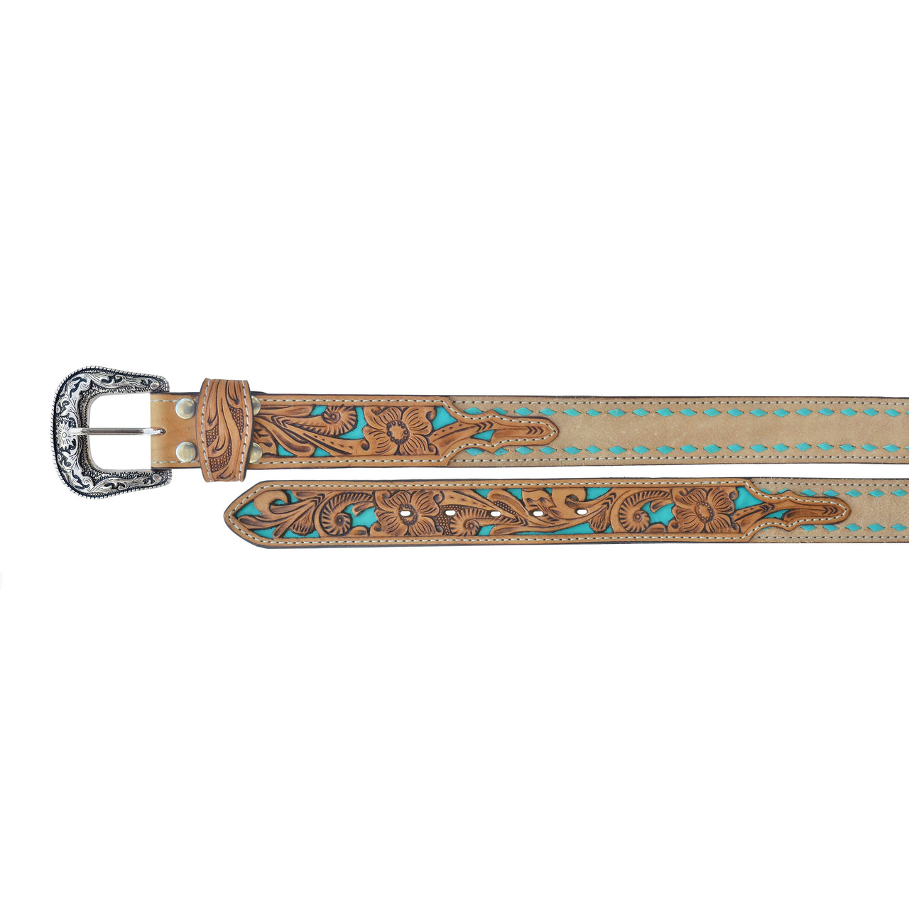 Unisex Western 1-1/2" Floral Tooled Gator Inlay Full-Grain Leather Belt - Tan/Turquoise