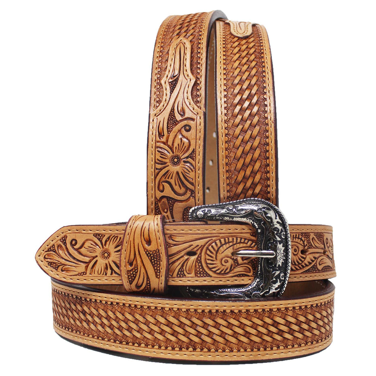 Unisex Western 1-1/2" Basket Weave Floral Tooled Full-Grain Leather Belt - Tan