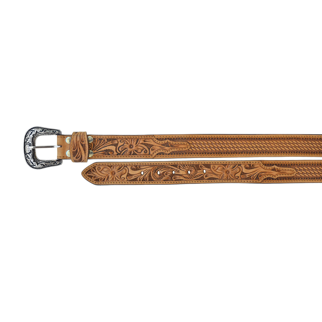 Unisex Youth Western 1-1/4" Basket Weave Floral Tooled Full-Grain Leather Belt - Light Tan