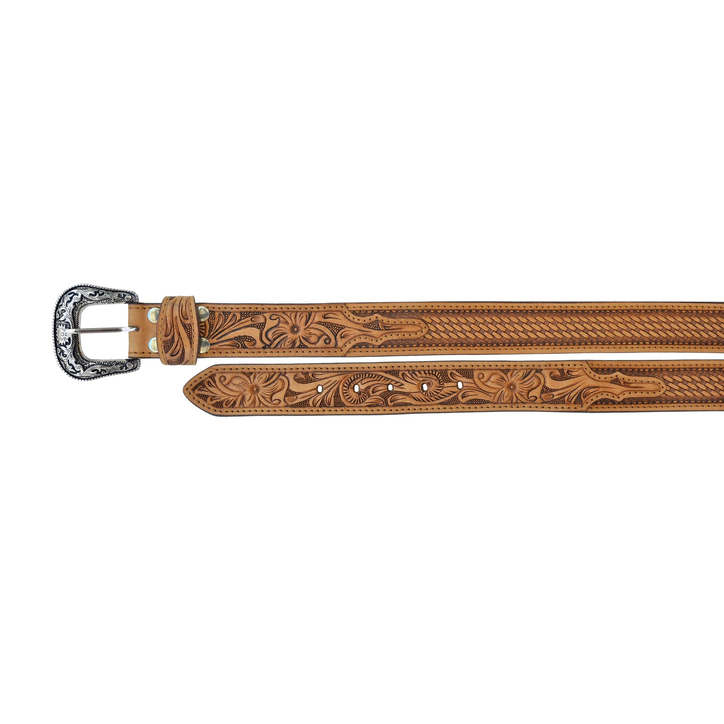 Unisex Youth Western 1-1/4" Basket Weave Floral Tooled Full-Grain Leather Belt - Light Tan