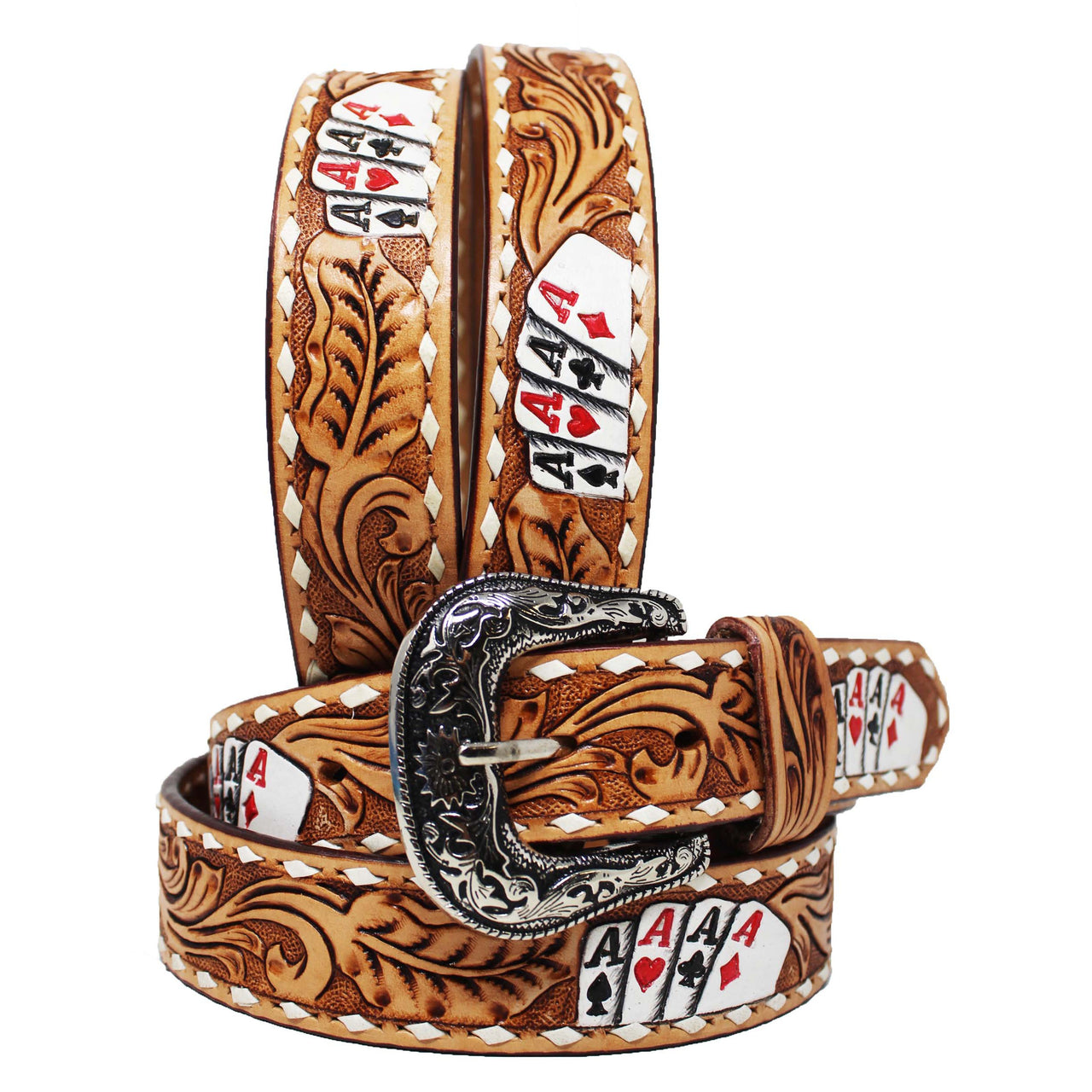 Unisex Western 1-1/2"  Floral Tooled Ace Genuine Leather Belt - Tan with Aces