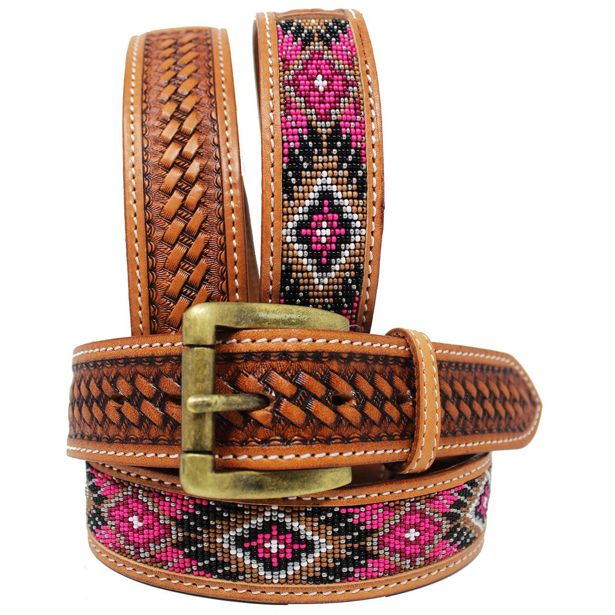 Men's Western Rodeo Heavy Duty Beaded Full-Grain Leather Belt - Pink Beaded