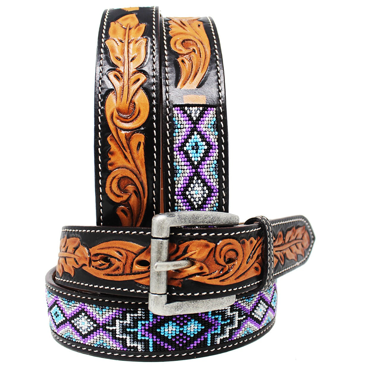 Men's Western Rodeo Heavy Duty Beaded Full-Grain Leather Belt - Purple Beads