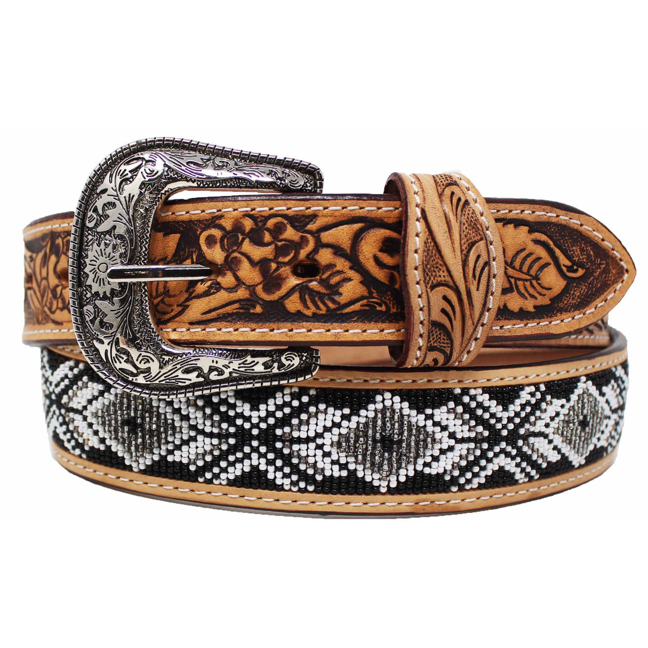 Unisex 1.5" Western Floral Tooled Beaded Full-Grain Leather Belt - Grey Beaded