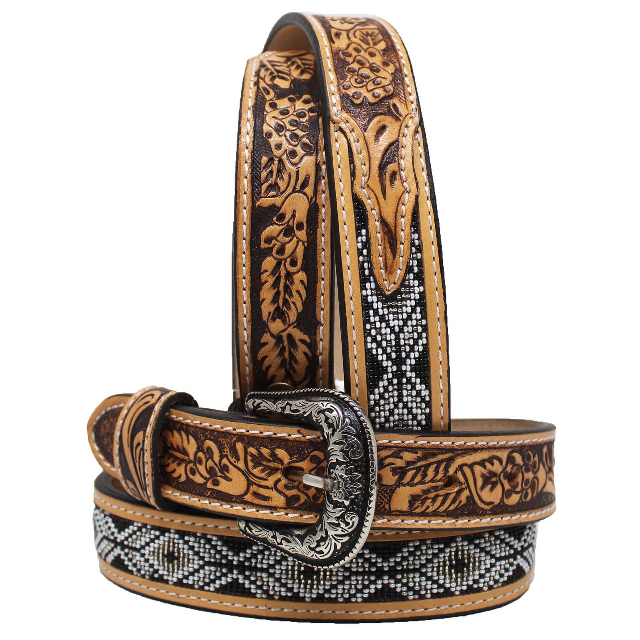 Unisex Youth Western 1-1/4" Beaded Floral Tooled Full-Grain Leather Belt - Beaded