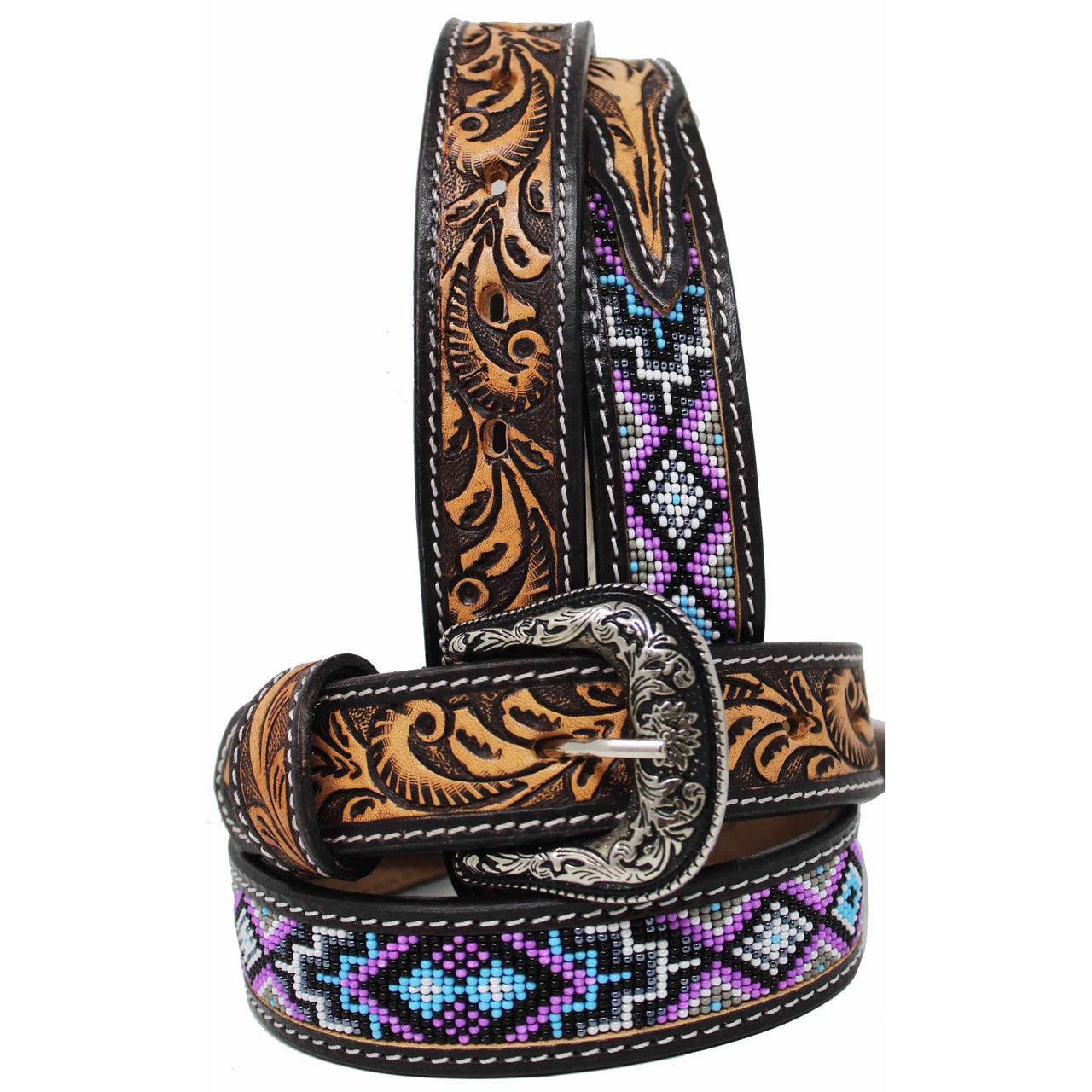 Unisex Youth Western Rodeo Floral Tooled Beaded Leather Belt - Purple Beaded