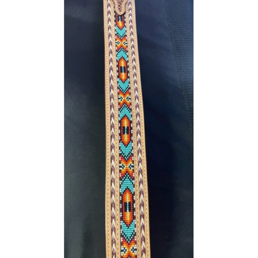 Unisex Western 1-3/4" Tapered Tooled Beaded Braided Full-Grain Leather Belt - Multiple Beaded Colours