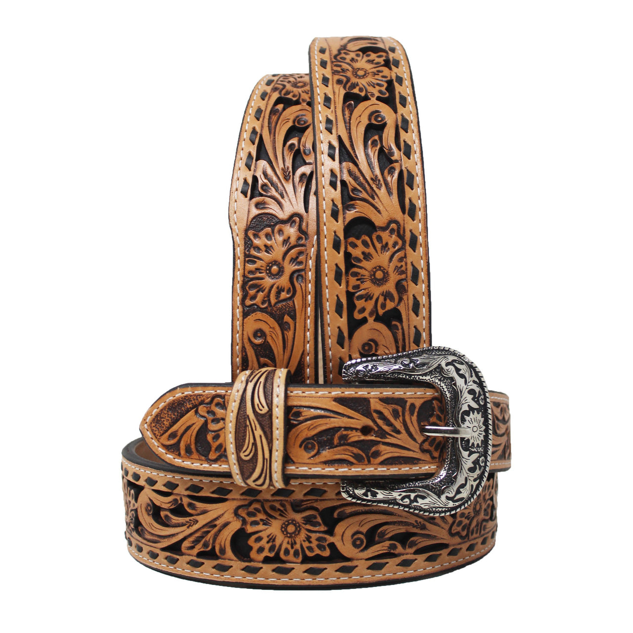 Unisex 1-3/4" Western Filigree Tooled Full-Grain Leather Belt - Tan