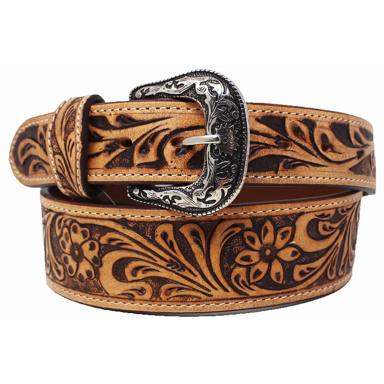 Unisex 2" Western Floral Tooled Full-Grain Leather Belt - Tan