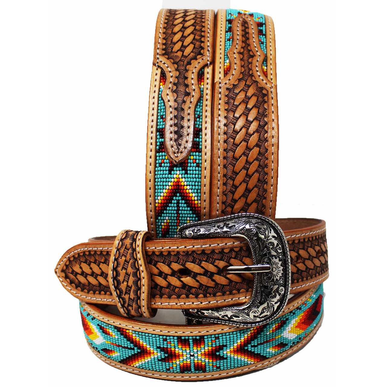 Unisex  1.5" Western Beaded Tooled Full-Grain Leather Belt - Multiple Coloured Beads