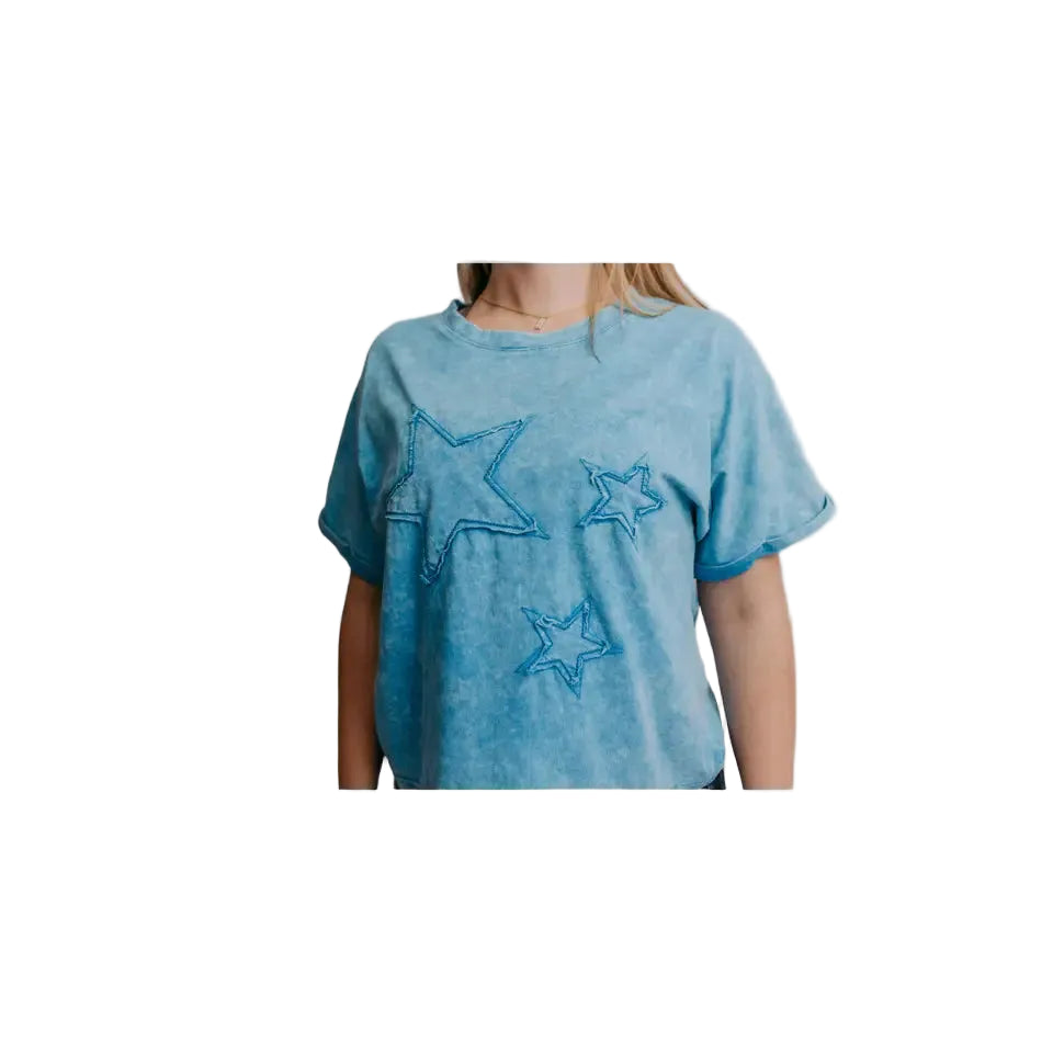 Merigold Kiss Women's Short Sleeve Star Acid Wash Crop Tee Shirt