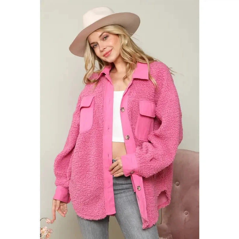 Peach Love California Cozy Contrast Sherpa Oversize Shacket - Pink