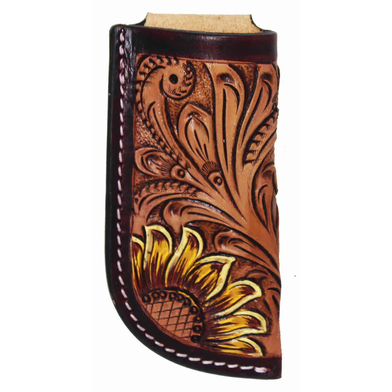 Challenger Large Leather Angled Knife Scabbard Sheath Cover - Sunflower Tooled Tan