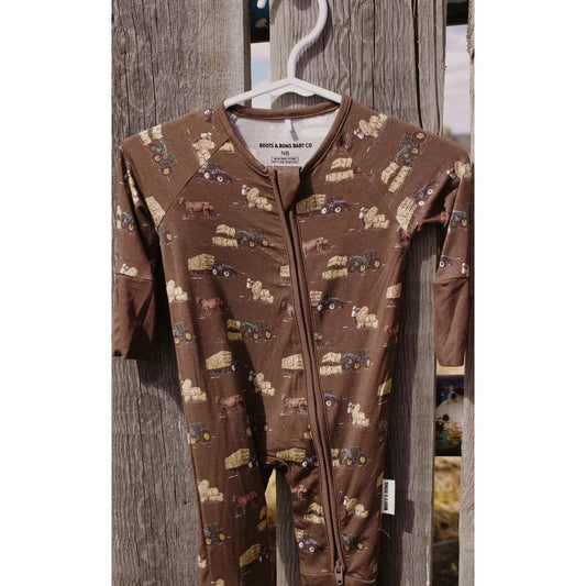 Boots & Bows Little Farmhand Infant Sleeper-Brown