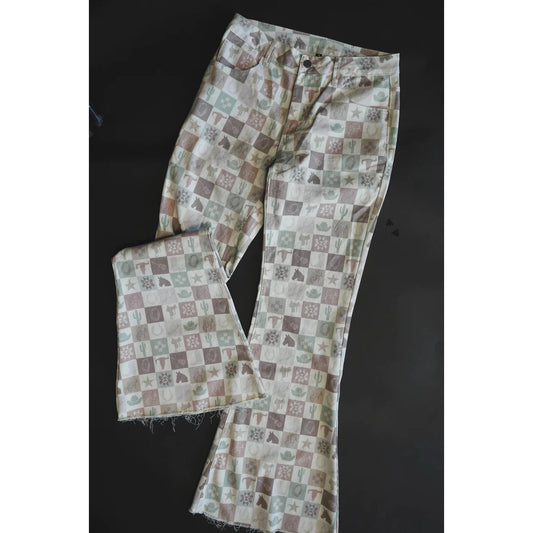 2 Fly Women's Western Flare Jeans - Checkered Multi