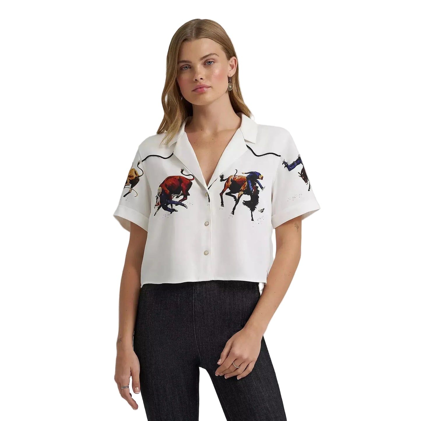 Wrangler Women's Lainey Wilson Short Sleeve  Cropped Camp Shirt- White