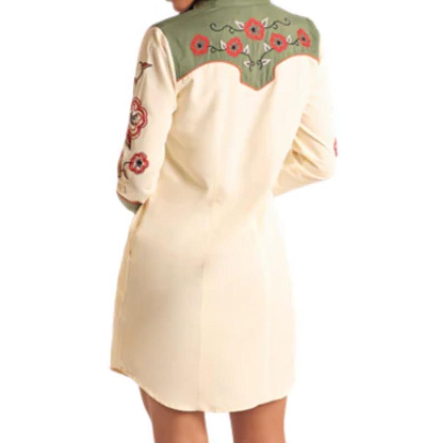 Panhandle Women's Long Sleeve Retro Snap Dress With Embroidery- Ecru