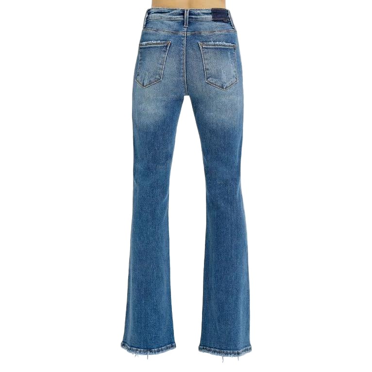 Risen Women's Tummy Control High Rise Flare Step Hem Jeans - Dark Wash