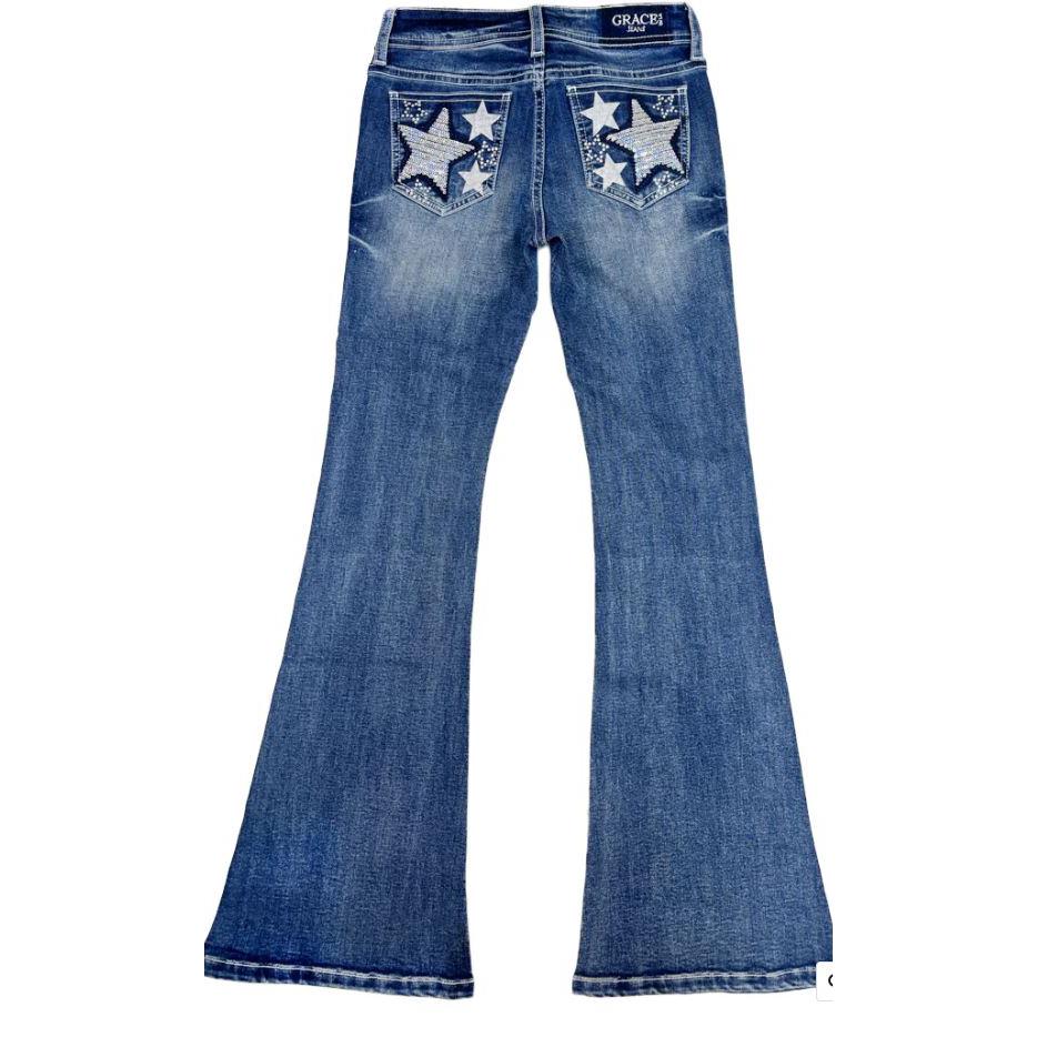 Grace in LA Girl's Star/Sequins Embroidery Detail Western Jeans