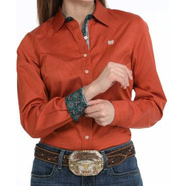 Cinch Women's Long Sleeve Stripe Shirt- Copper