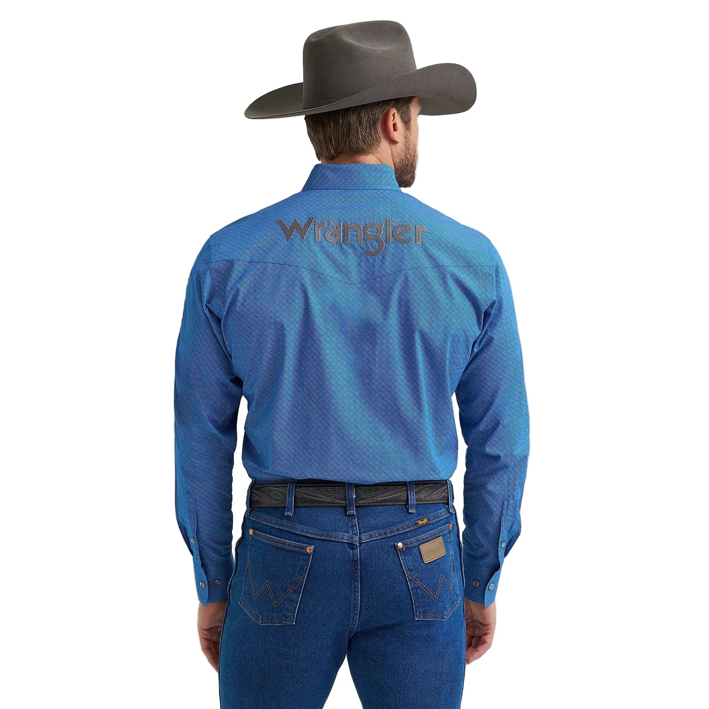 Wrangler Men's Long Sleeve Logo Western Shirt- Cerulean Hatch