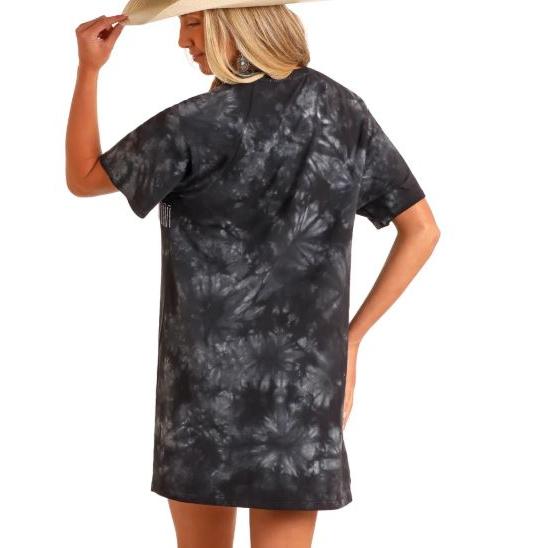 Panhandle Women's  Short Sleeve Graphic Tee Shirt Dress with Chain Fringe- Black