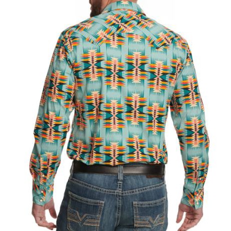 Rock & Roll Men's  Long Sleeve Dale Brisby Sea and Sunset Aztec Western Shirt-Teal