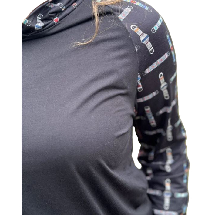 Cinched Up Women's Long Sleeve Tee Shirt Hoodie- Black