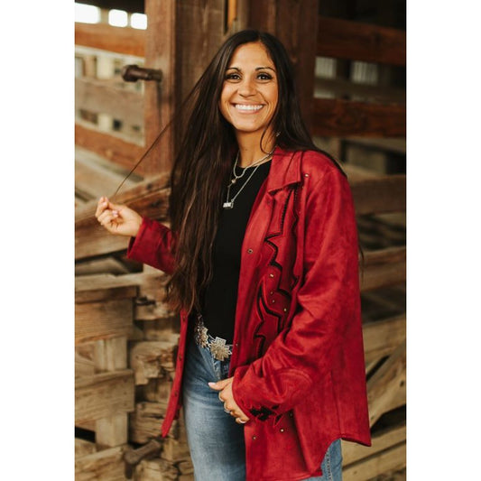 Women's Black Boot Stitch Embroidered Studded Long Sleeve Jacket- Burgundy
