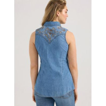 Wrangler Women's Sleeveless Denim Shirt- Blue